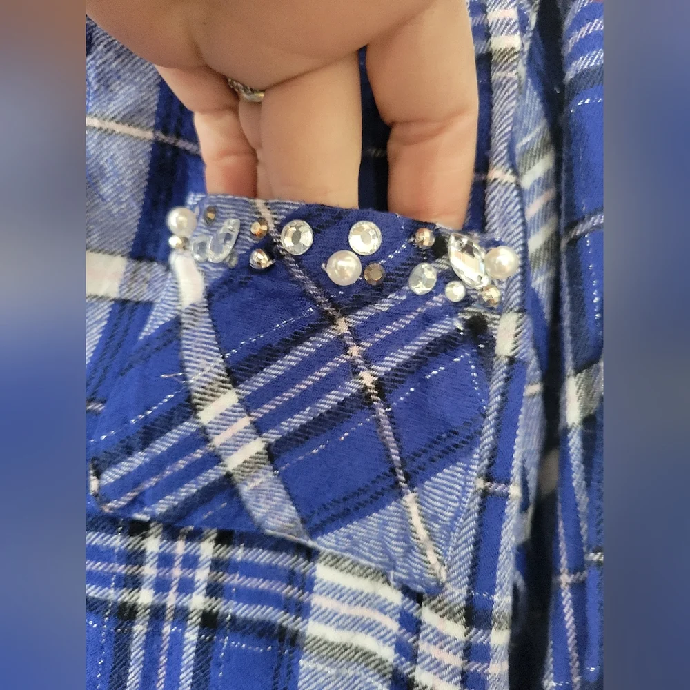 NWOT Justice Girls Blue White Black Pink Plaid Button-Up Shirt 12 Embellished